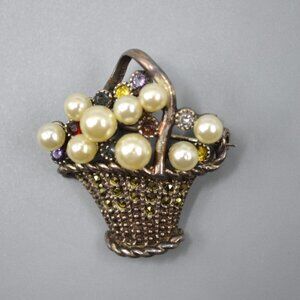 Flower Basket Pin Sterling Silver Marcasite Pearl 925 Vintage Brooch